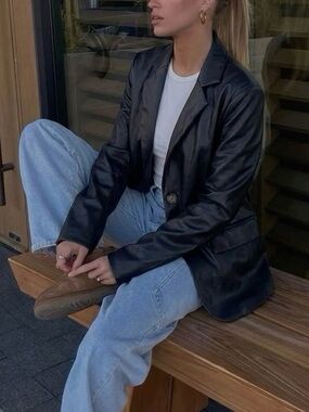 Ambiance Black Faux Leather Blazer Jacket